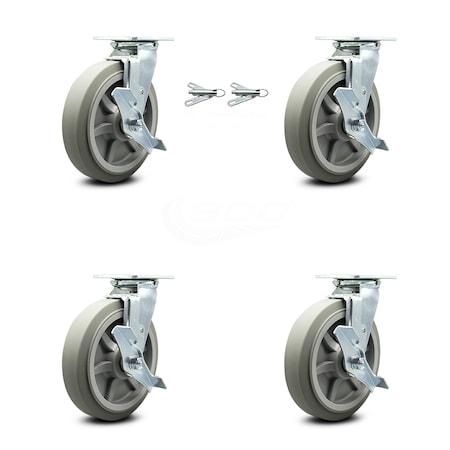 Service Caster 8 Inch Thermoplastic Rubber Caster Set with Roller Bearing 4 Brake 2 Swivel Lock SCC-30CS820-TPRRF-TLB-BSL-2-TLB-2